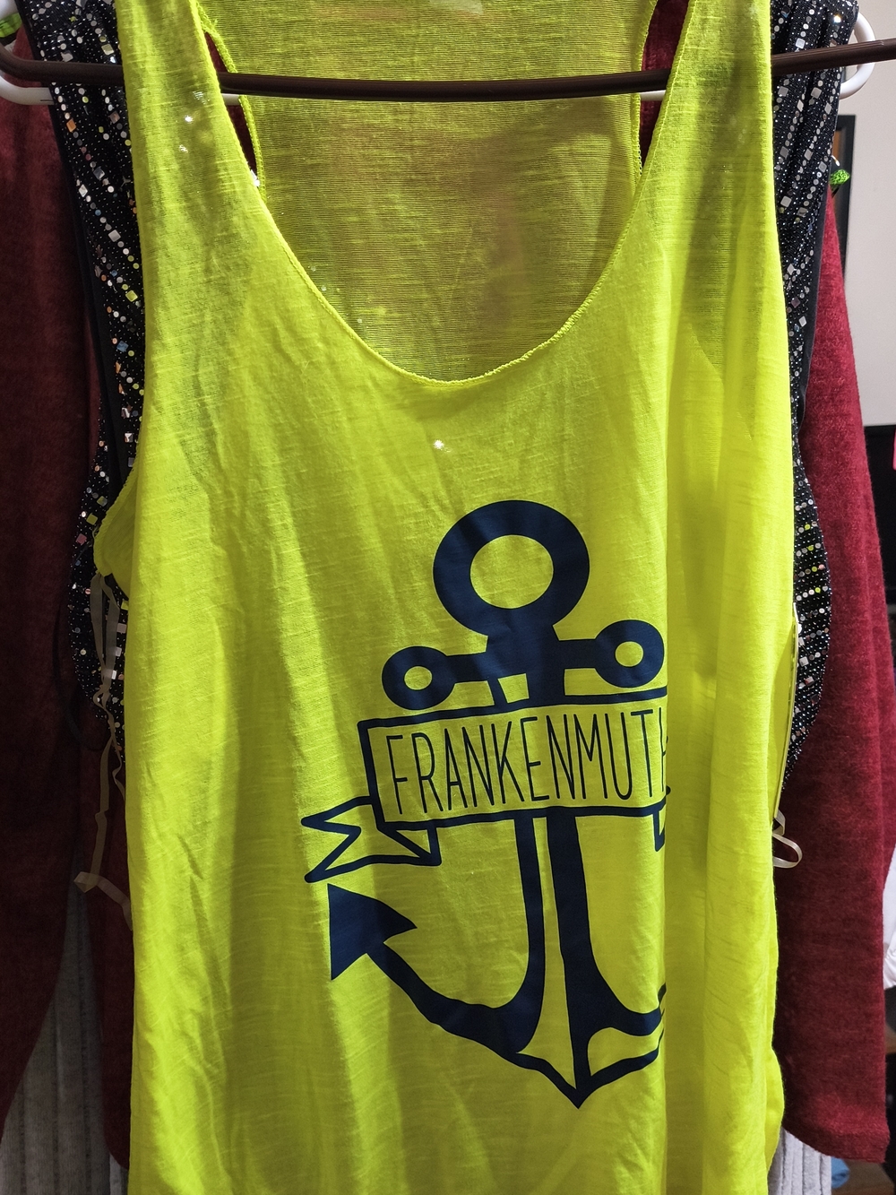 Basix Of America Neon Yellow "Frankenmuth" Graphic Tank with Navy Anchor Detail